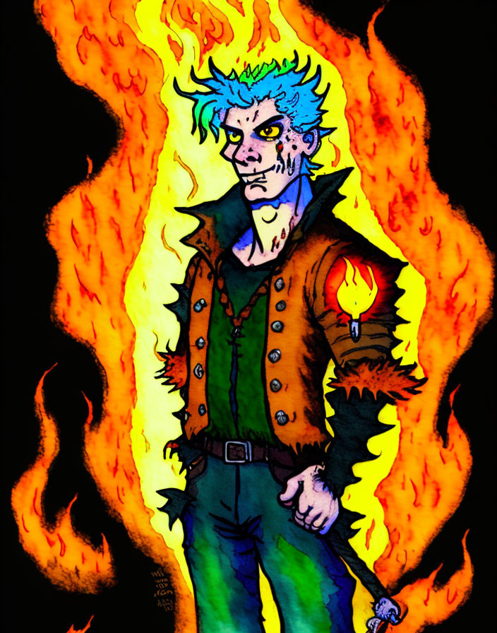 Figure with Blue Spiked Hair in Flame Motif Amid Orange Flames