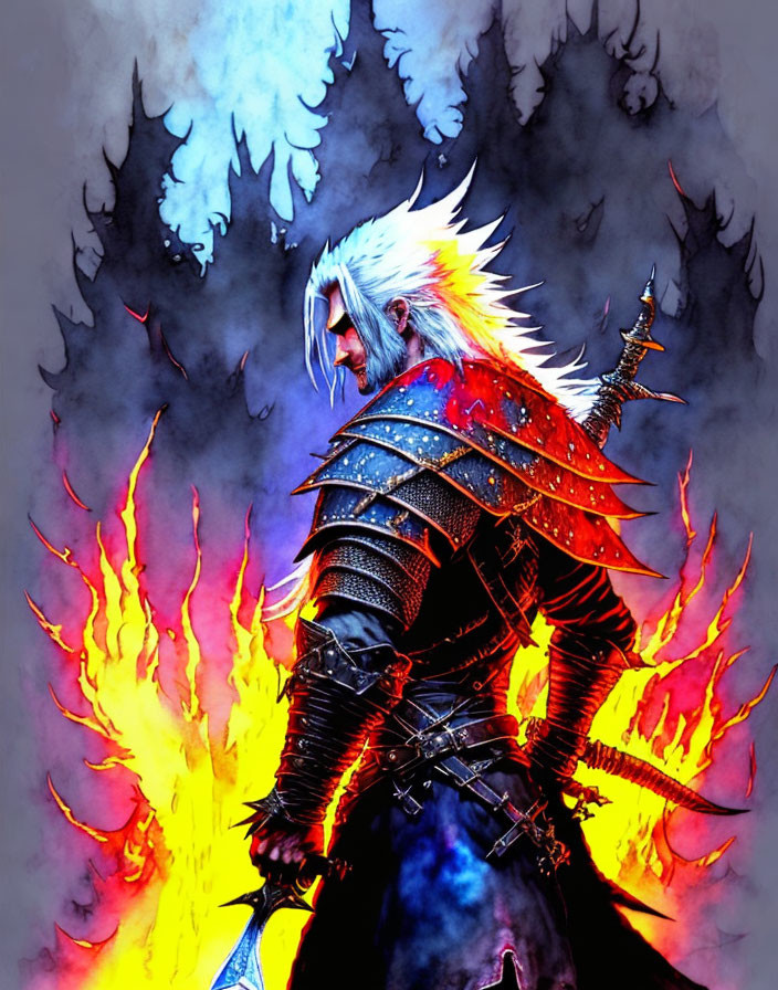 White-Haired Warrior in Dark Armor with Flaming Sword Amidst Fiery and Icy Elements