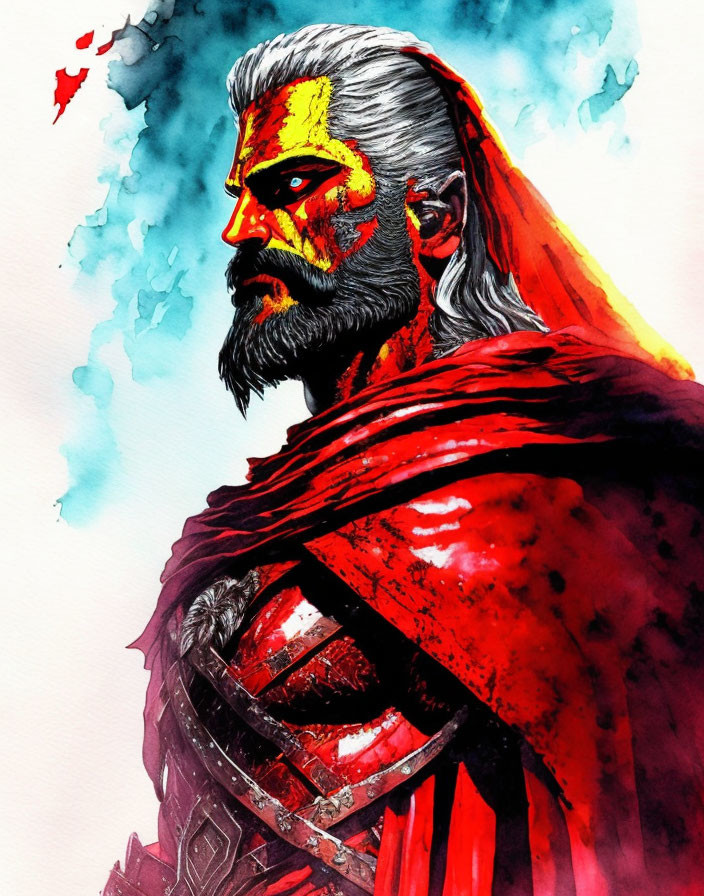 Male superhero with gray beard and red cape in watercolor illustration