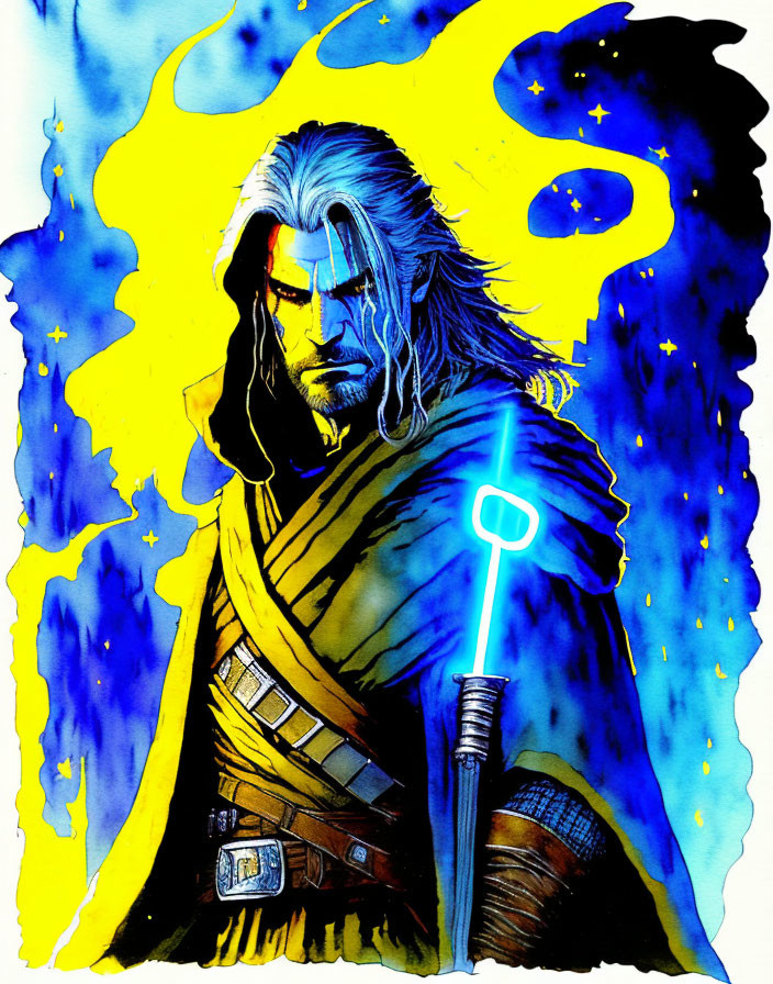 Fantasy character with long white hair and glowing blue sword in cosmic-themed setting