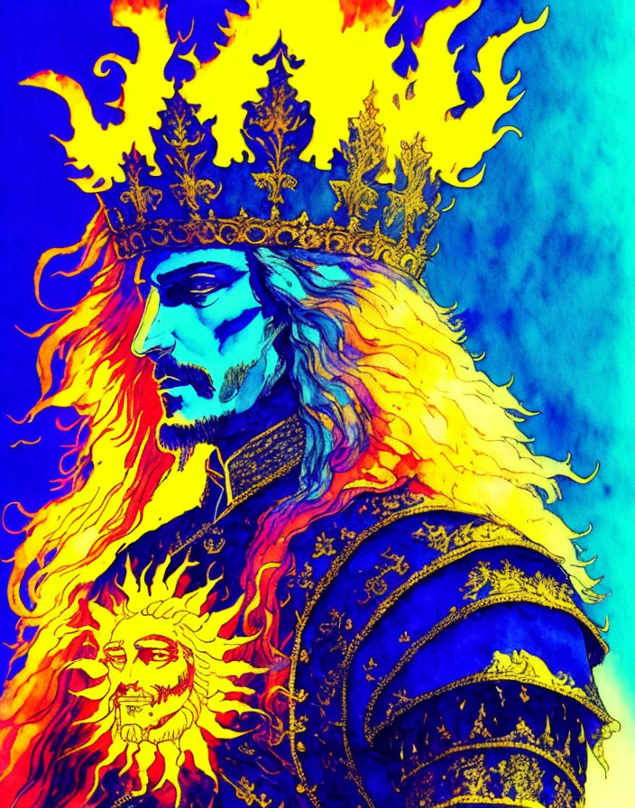 Regal figure with fiery crown in blue and gold attire against vivid blue background