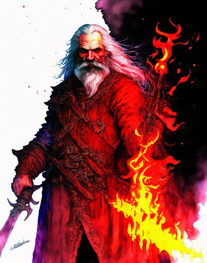 Illustrated figure in red robes wields flaming sword on ink backdrop