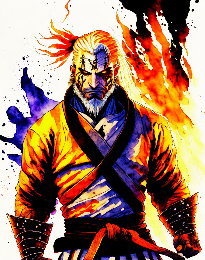 Illustration of scarred samurai in vibrant robe on fiery background