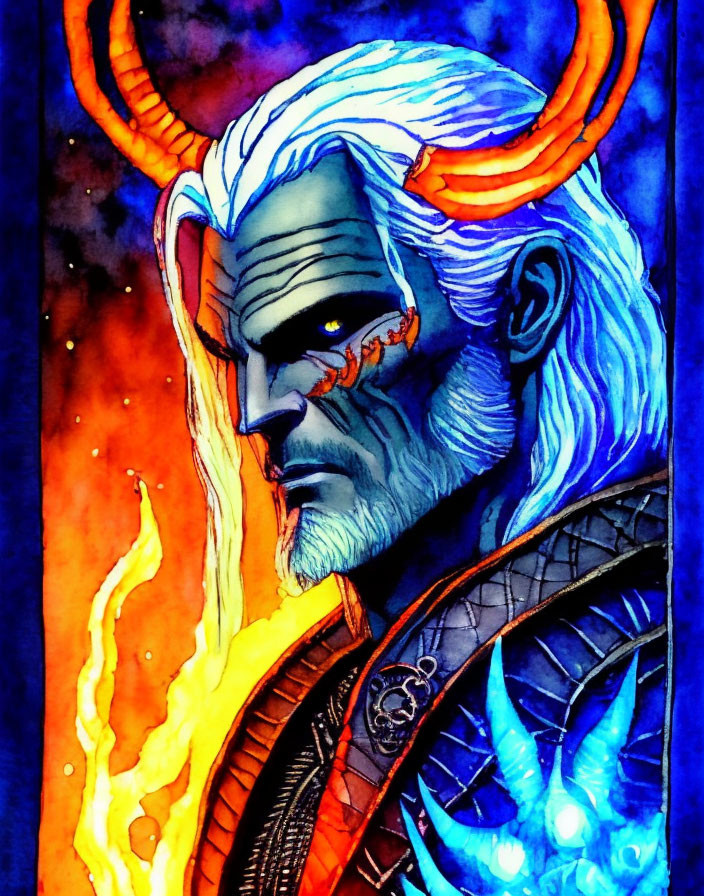 Fantasy character with white hair, orange eyes, and horns on fiery blue backdrop