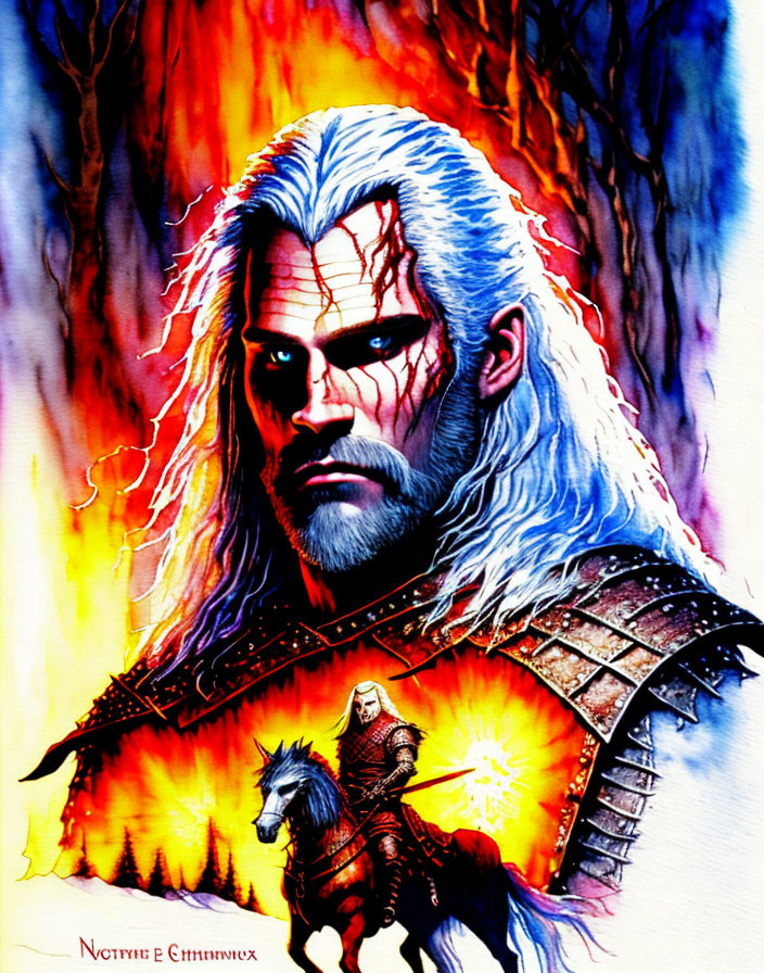 White-haired warrior with yellow eyes in front of flames, horseback figure.