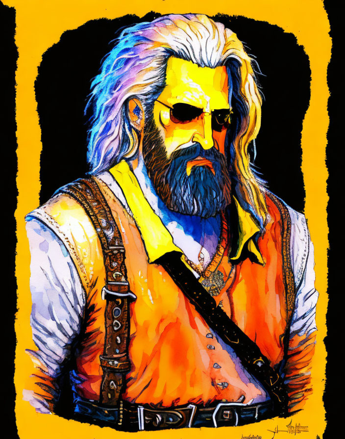 Vibrant illustration: grizzled man with beard, sunglasses, leather vest on yellow backdrop