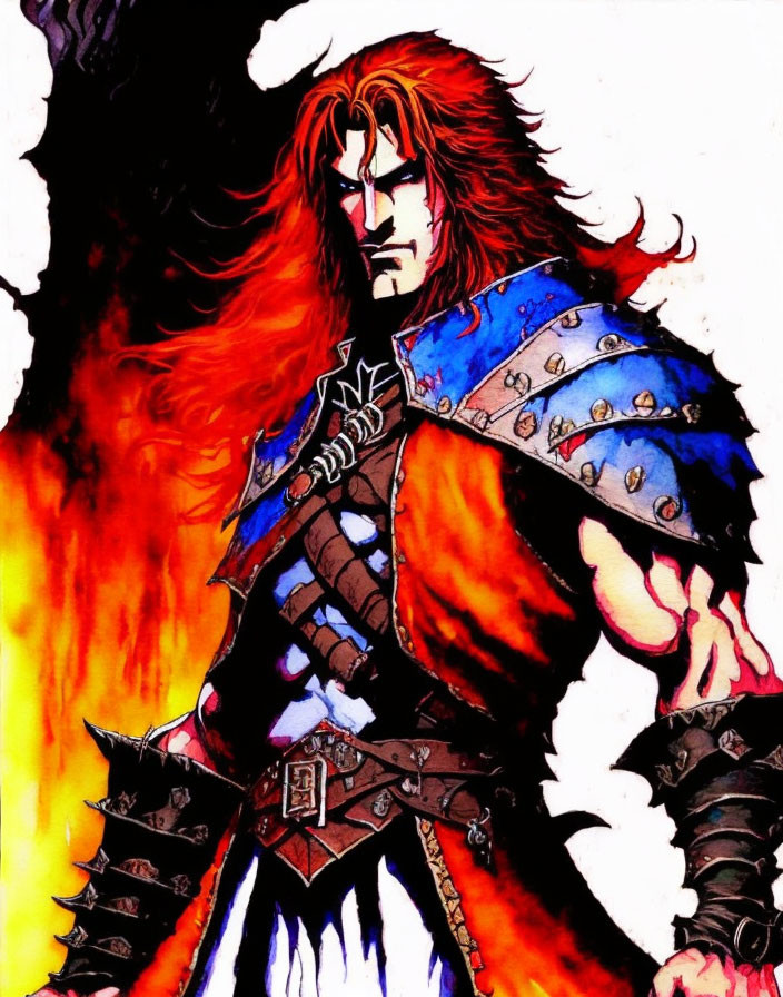 Animated warrior with red hair and blue cape in spiked armor against fiery backdrop