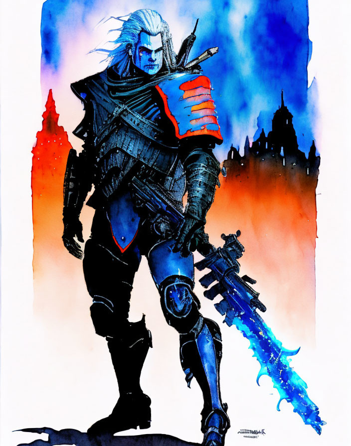 Fantasy warrior illustration with pale skin, white hair, blue armor, and glowing sword