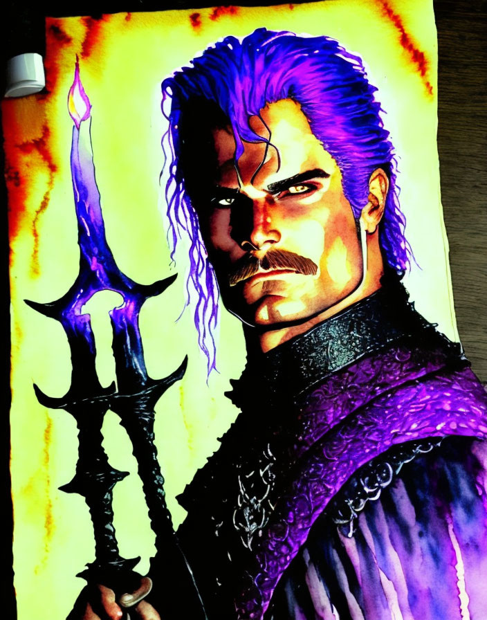 Fantasy artwork of stern-faced character with purple hair and flame-topped staff