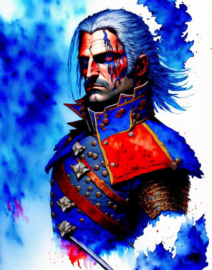 Man with scarred face in blue hair & military uniform on ink background