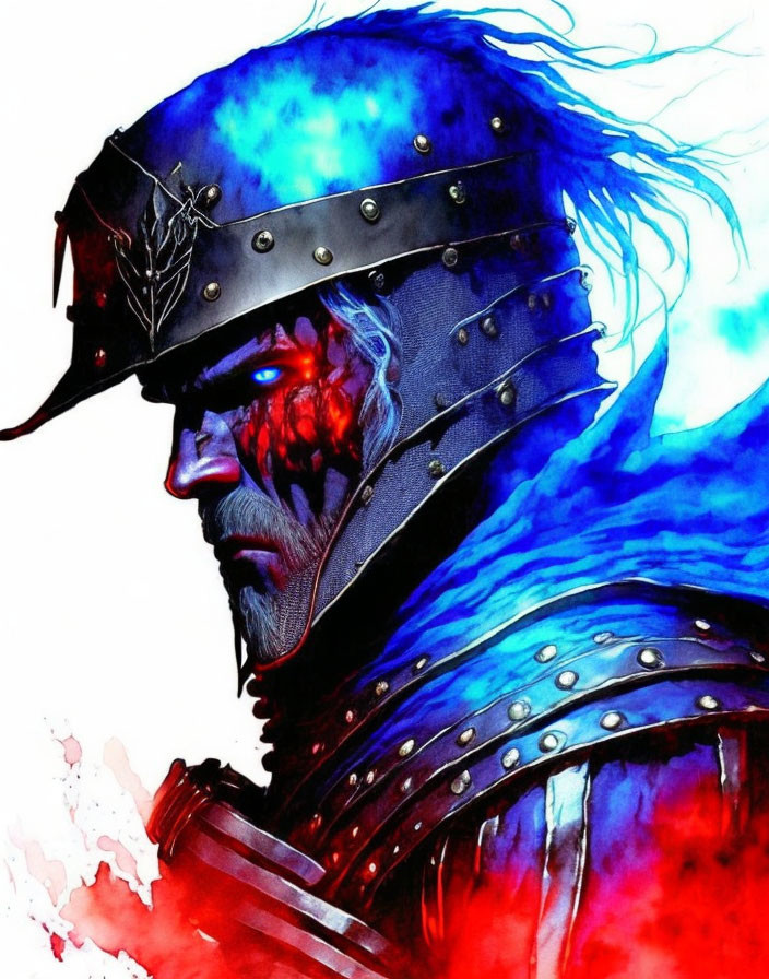 Fantasy warrior artwork with blue and red color scheme and leaf emblem helmet