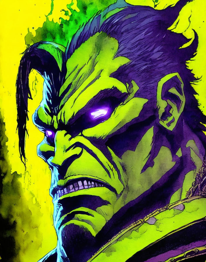 Muscular green-skinned character with purple eyes on yellow background