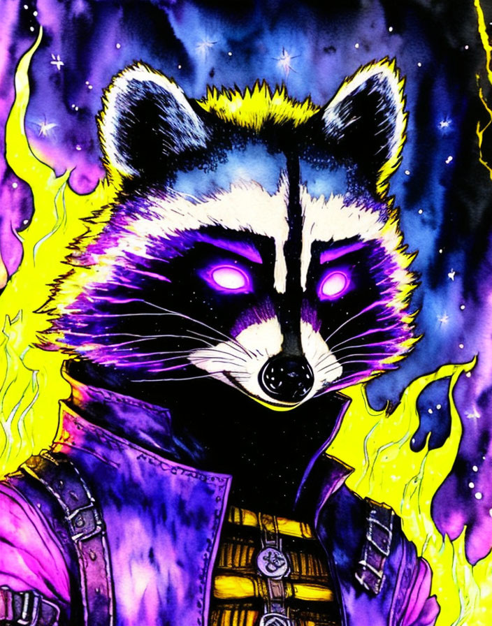 Illustrated raccoon with purple eyes in violet jacket on cosmic flame background.