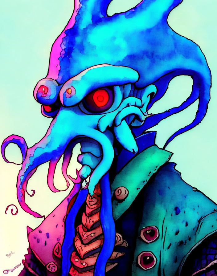 Vibrant illustration of blue octopus creature in green jacket