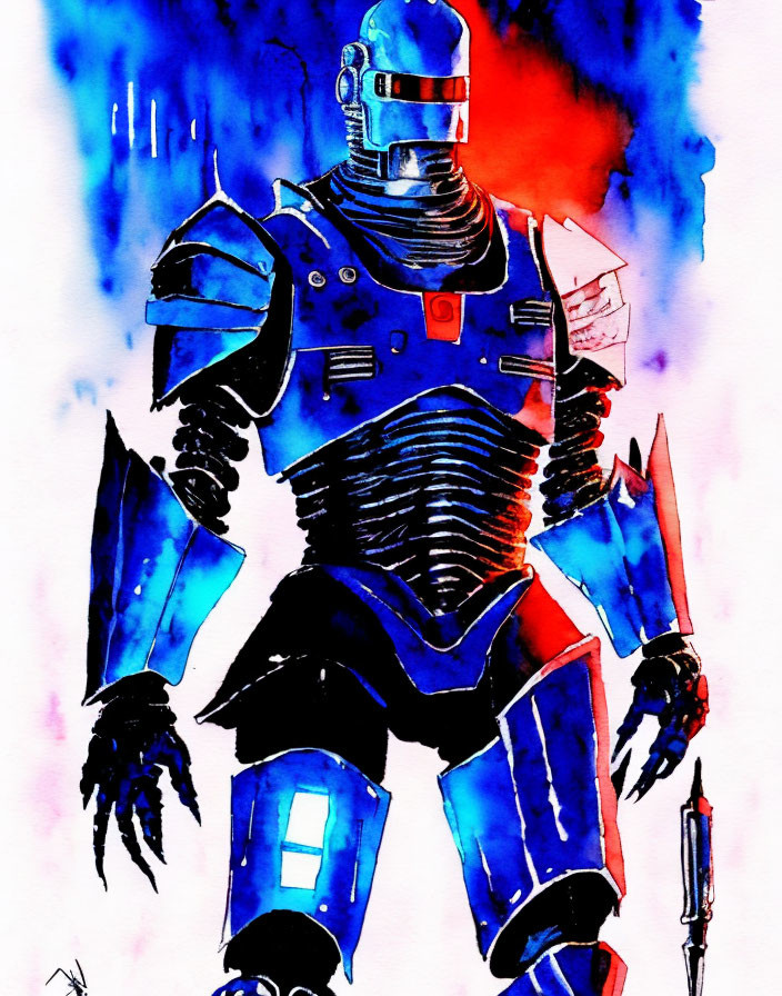 Colorful Watercolor Illustration of Robotic Knight in Blue Illumination