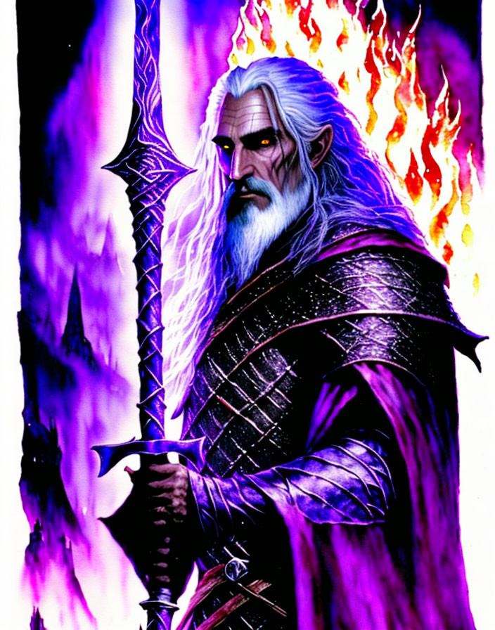 Elder wizard illustration: white hair, flaming staff, dark armor