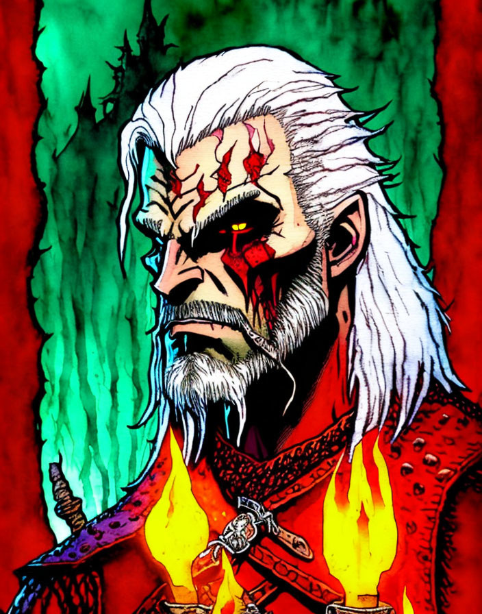 Illustrated portrait of a fierce man with white hair and red scars in armor on fiery background