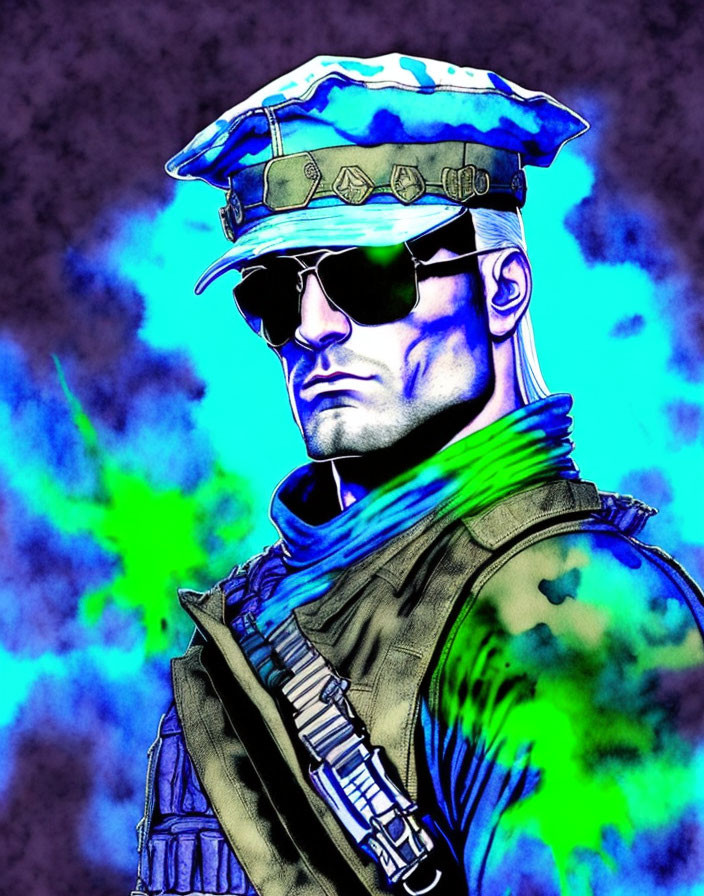 Man in Military Hat and Sunglasses: Stylized Blue and Green Illustration