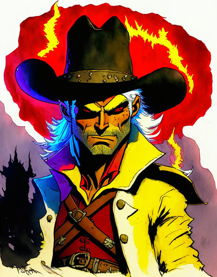 Cowboy illustration with red eyes, black hat, yellow coat, red vest, and bandolier