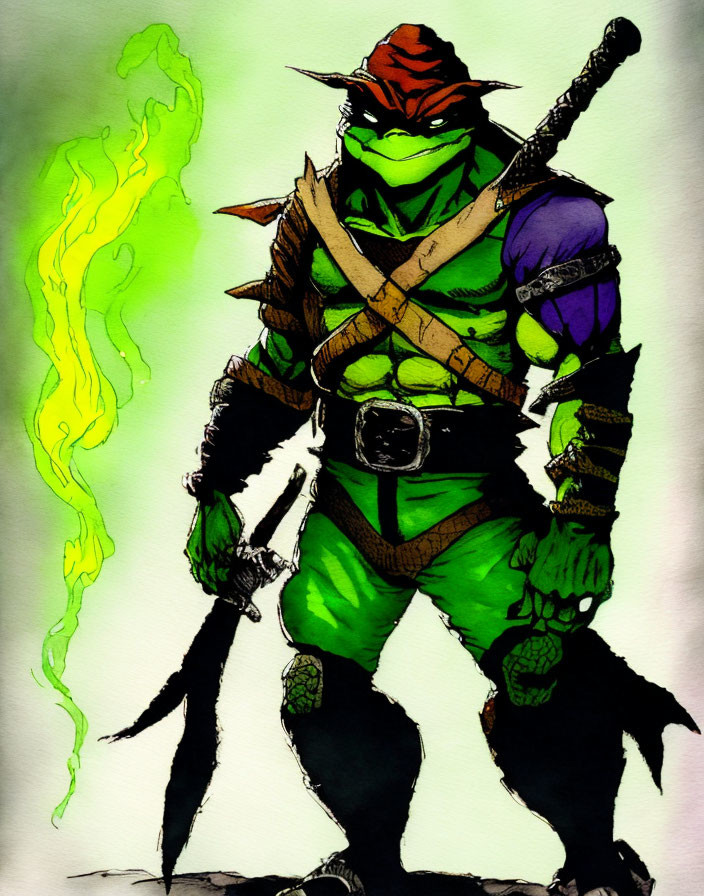 Ninja turtle with red bandana and sai daggers in green glow