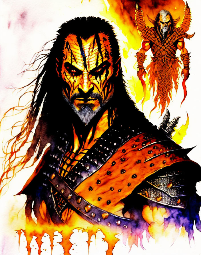 Illustration of fierce warrior with red facial markings and fiery figure in background