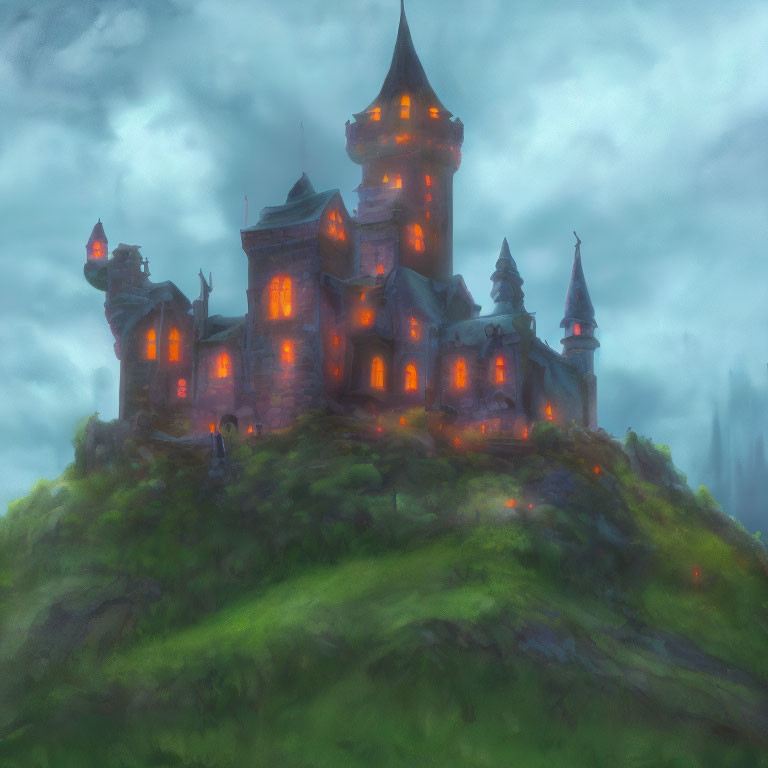 Mystical castle on green hill under cloudy sky