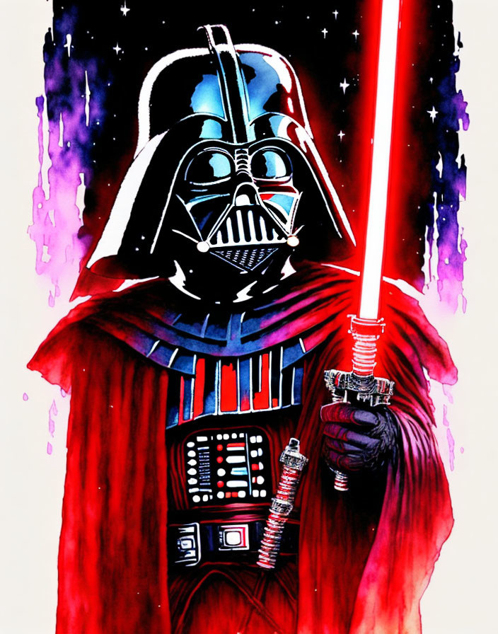 Darth Vader illustration with red lightsaber in space