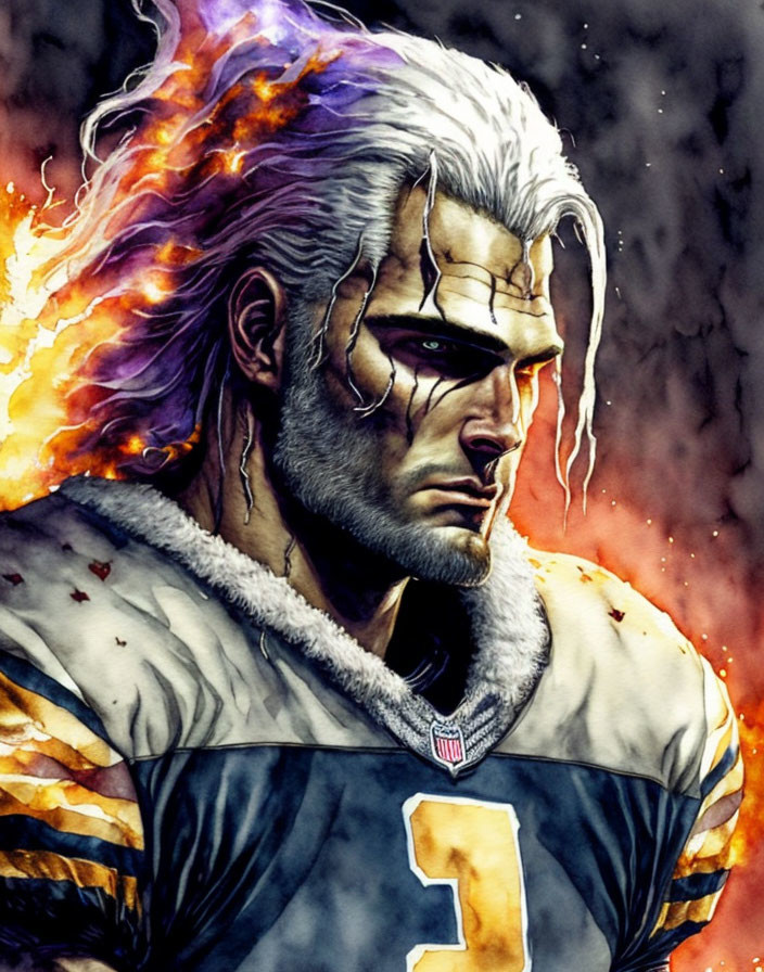 Muscular man with silver hair and flaming eye in football jersey illustration