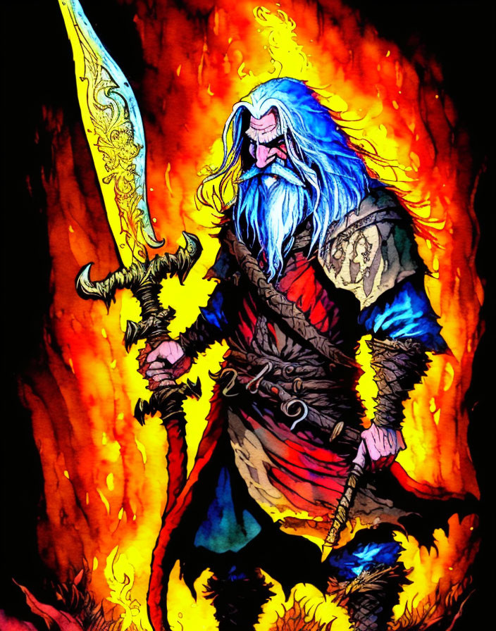 Warrior with Long Blue Hair and Beard Holding Glowing Sword in Flames