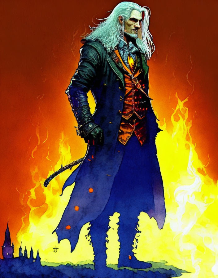 White-haired male character in dark coat with sword, standing before flames