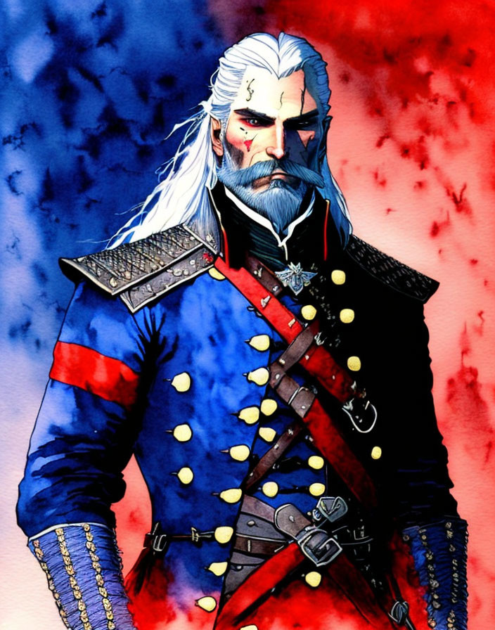 White-Haired Man in Medieval Outfit on Red and Blue Watercolor Background