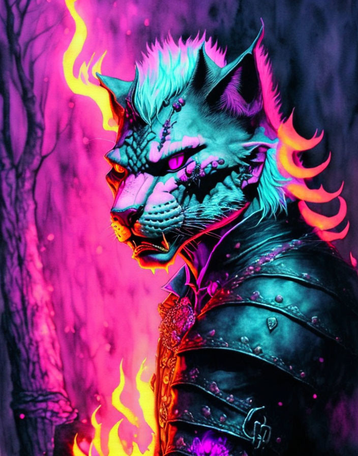 Fantasy illustration: Wolf-headed humanoid in armor with neon highlights and fiery background.