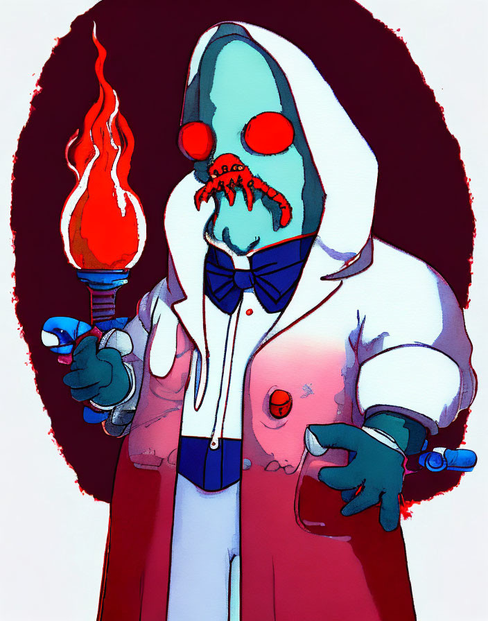 Skeleton in suit with blue tie holding torch on red and white backdrop