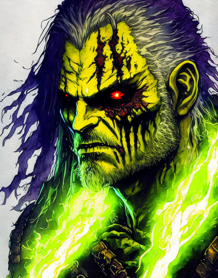 Fierce character with green skin and glowing red eyes depicted in vivid illustration