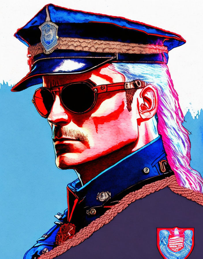 Colorful illustration of man in police uniform with aviator sunglasses & badge.