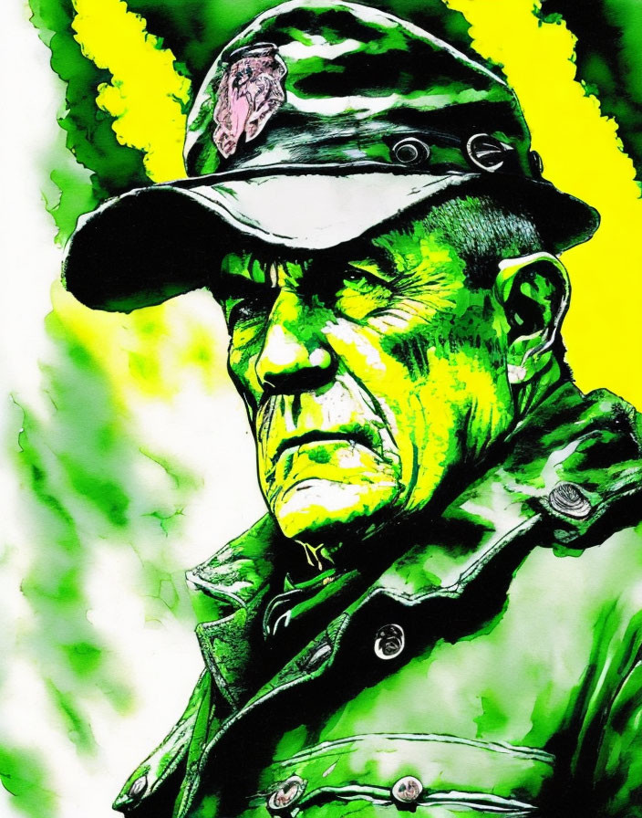 Military man in stern pose against yellow and green watercolor backdrop