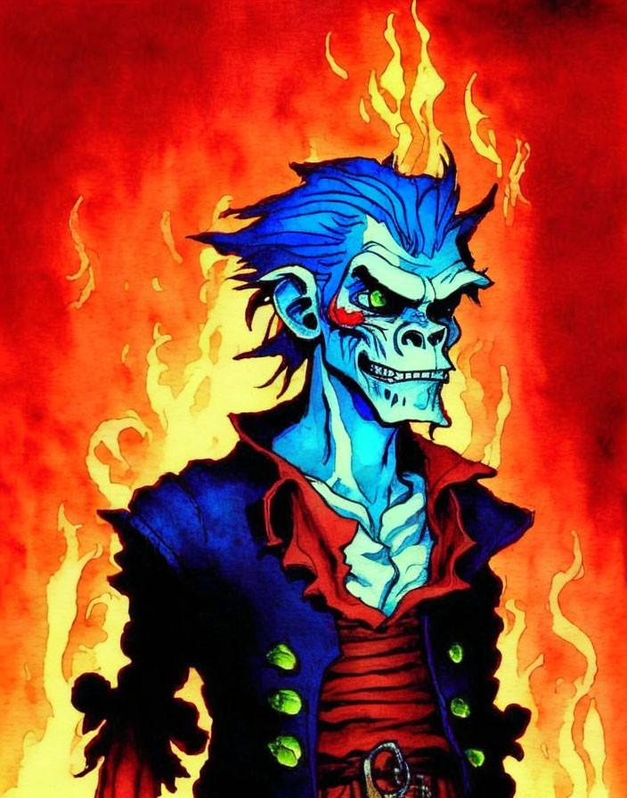 Colorful illustration: Blue-faced creature in pirate jacket with fiery eyes and sharp teeth in fiery backdrop.