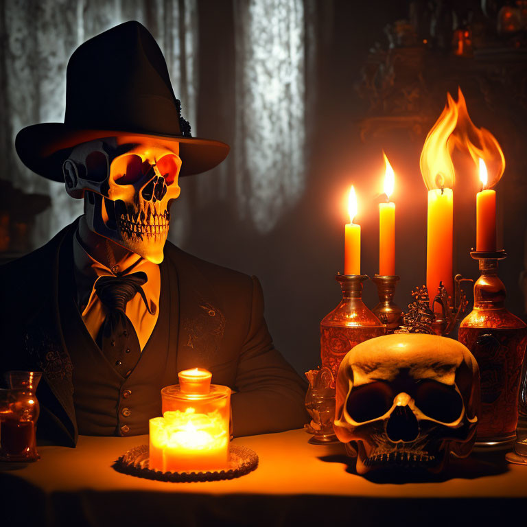 Portrait of person with glowing skull face in suit, surrounded by candles, skull, and bottles