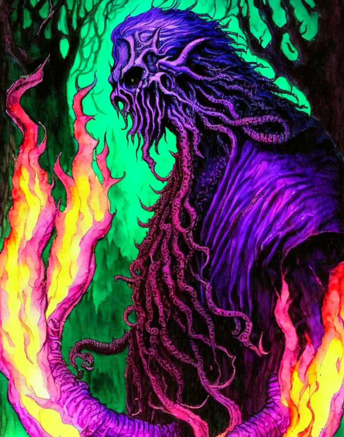 Colorful tentacled creature with skull-like face in fiery setting