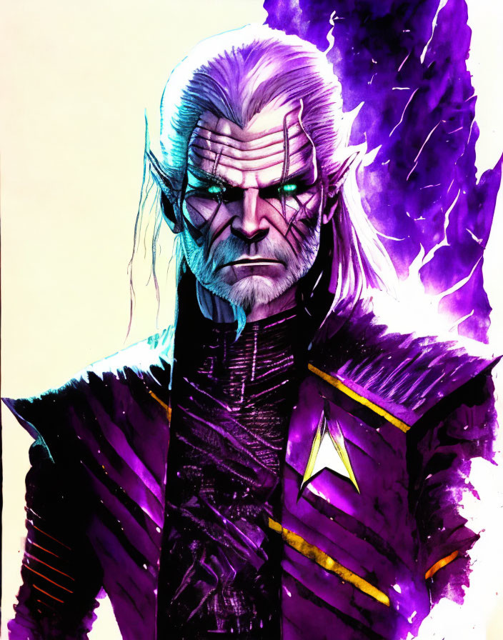 Futuristic male figure with white hair and Starfleet emblem in purple energy setting