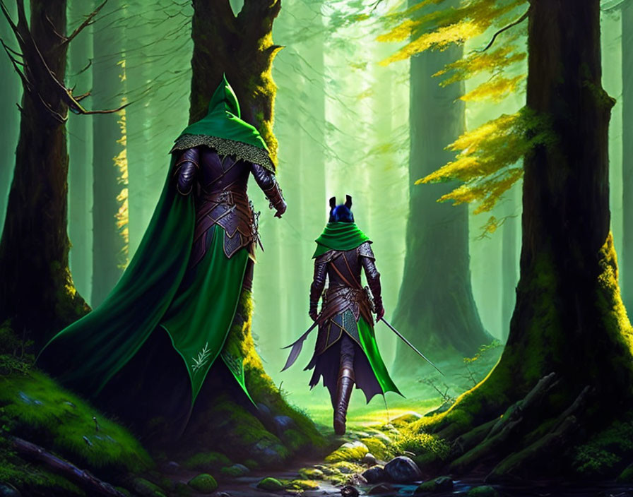 Armored figures in green cloaks with medieval weapons in mystical forest.