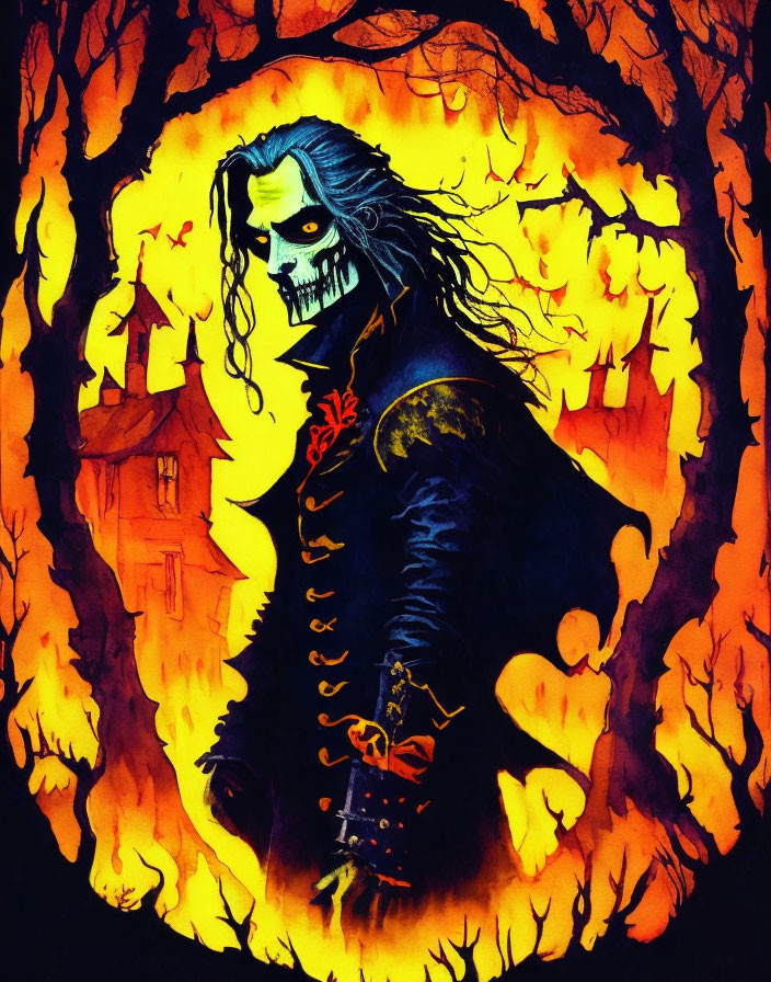 Dark Gothic-style illustration of menacing figure with skeleton features against fiery backdrop and barren trees.