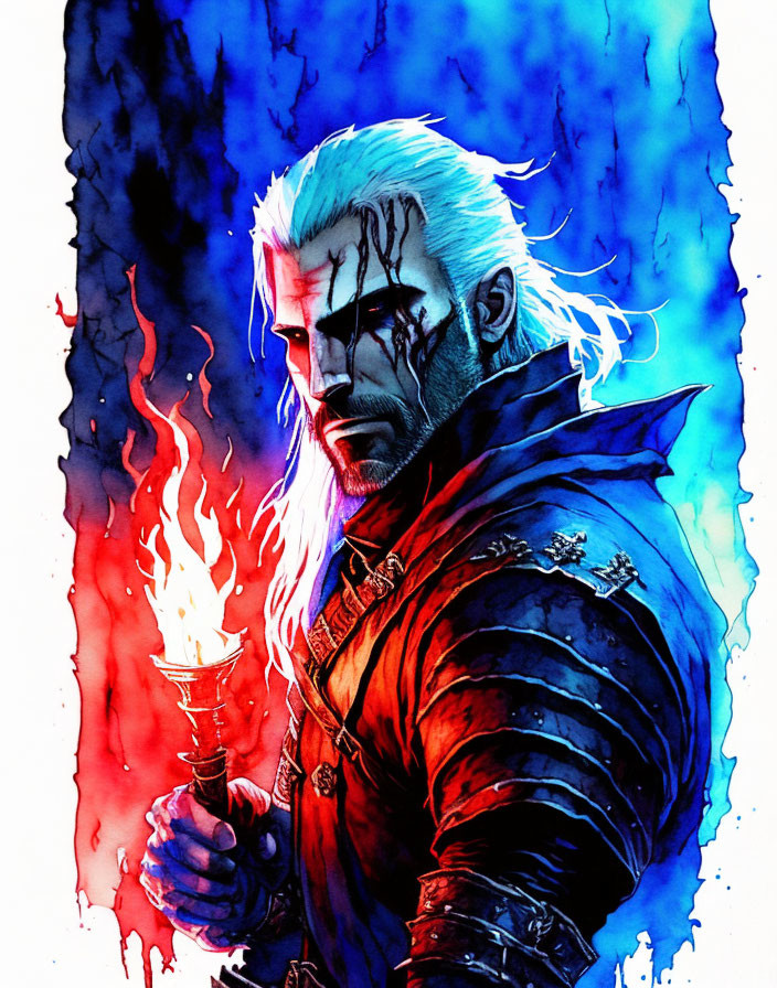 White-haired male character with scar and dark veins holding flame on blue and red background