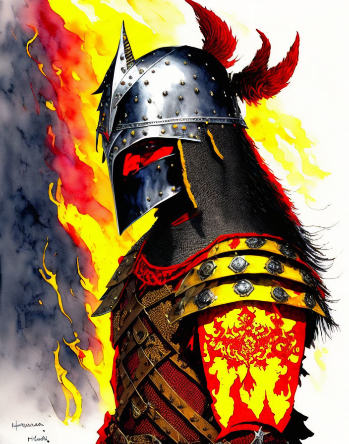 Knight in ornate armor with plumed helmet in fiery scene