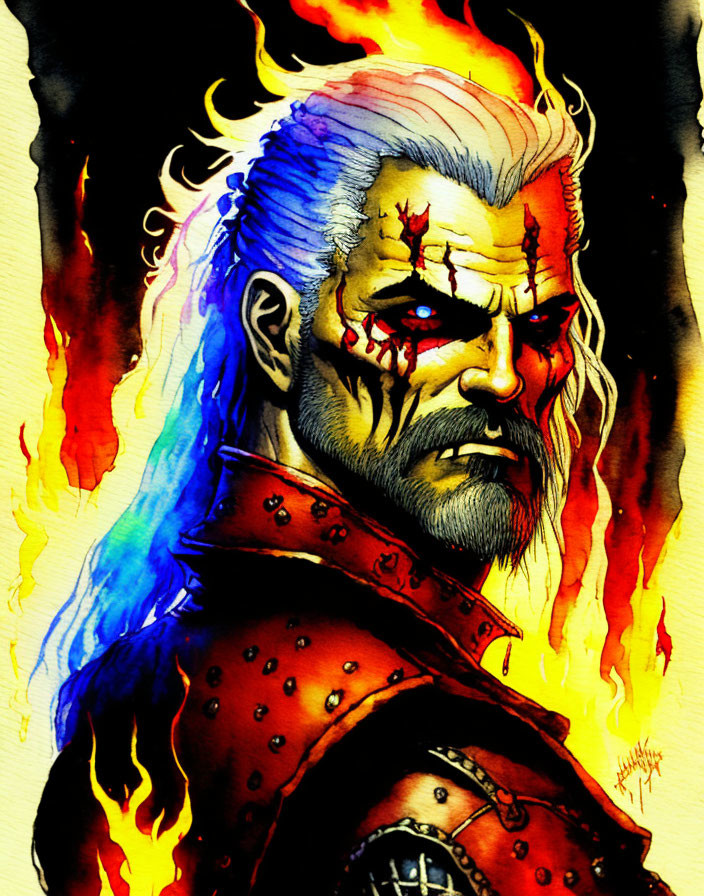 White-haired bearded man with scar and fiery eyes in flames against yellow backdrop