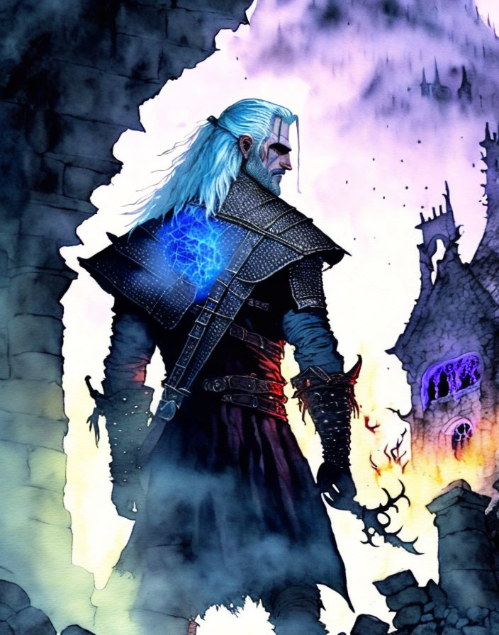 White-Haired Warrior with Magical Sign in Spectral Landscape