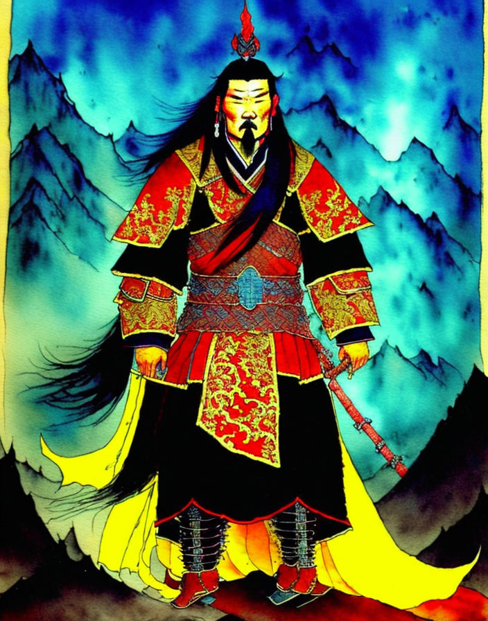 Majestic figure in red and gold robes against mountain backdrop