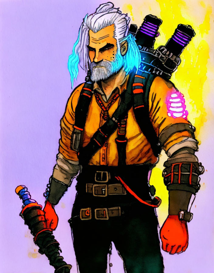 Futuristic illustration of a grizzled man with white hair and mechanical gloves