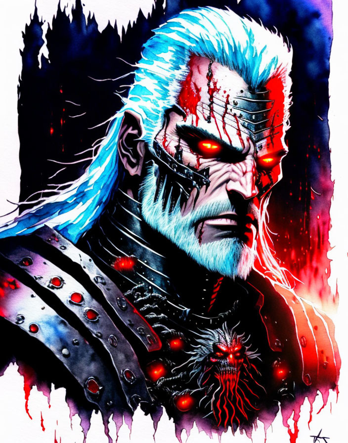 Illustration of stern male figure with white-blue mohawk, red eyes, scars, futuristic armor