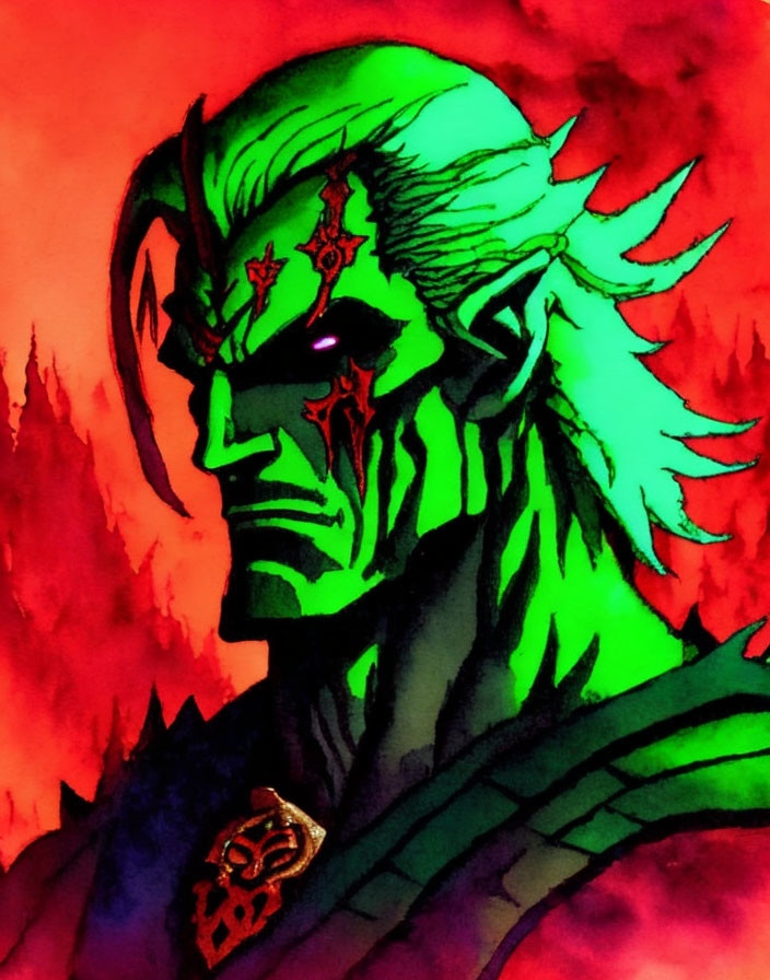 Sinister green-haired figure with red eyes on red and black backdrop